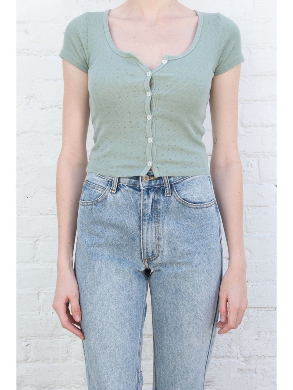 Brandy Melville Light Green Pointelle Button-Front Crop Top